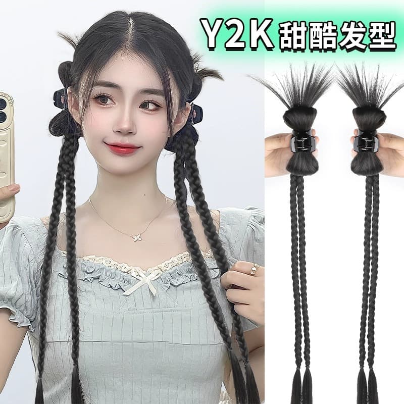 Long Y2K Wig with Feather Hair Claw, Box Braids, Millennium Hot Girl Wig Ponytail, Bow Braided Wig