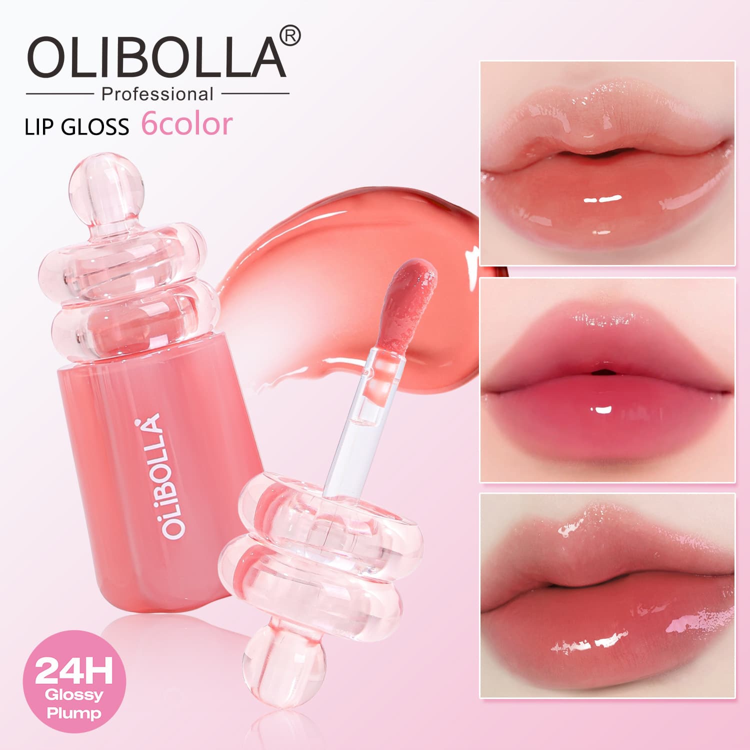 OLIBOLLA Cross-Border Makeup Mirror Lip Glaze 24H Long-Lasting Plumping Lip Gloss Watery Glow Pout Lip Tint 6 Colors Cosmetics Wholesale