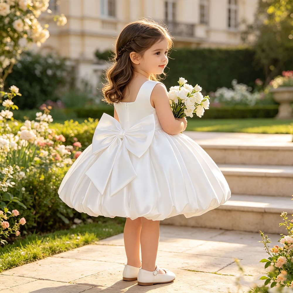 Children's Formal Dress INS Cross-Border Minimalist Lace White Satin Baby First Birthday 100-Day Photo Shoot Formal Dress Bubble Princess Dress
