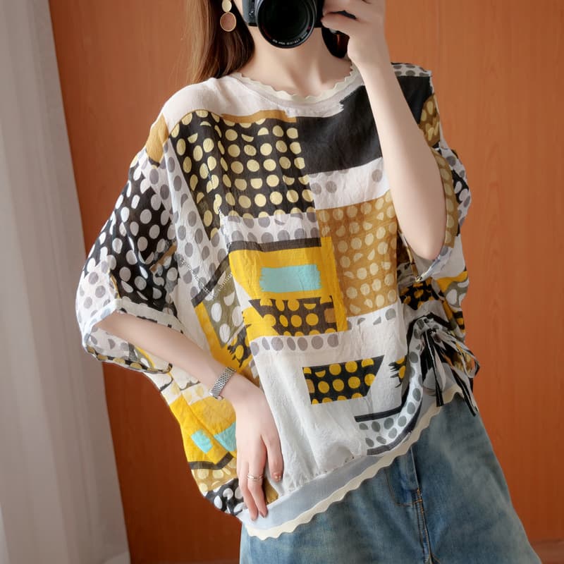 2025 New Summer Loose Literary Large Size Retro Irregular Dot Print Versatile Garden Collar Large Edition T