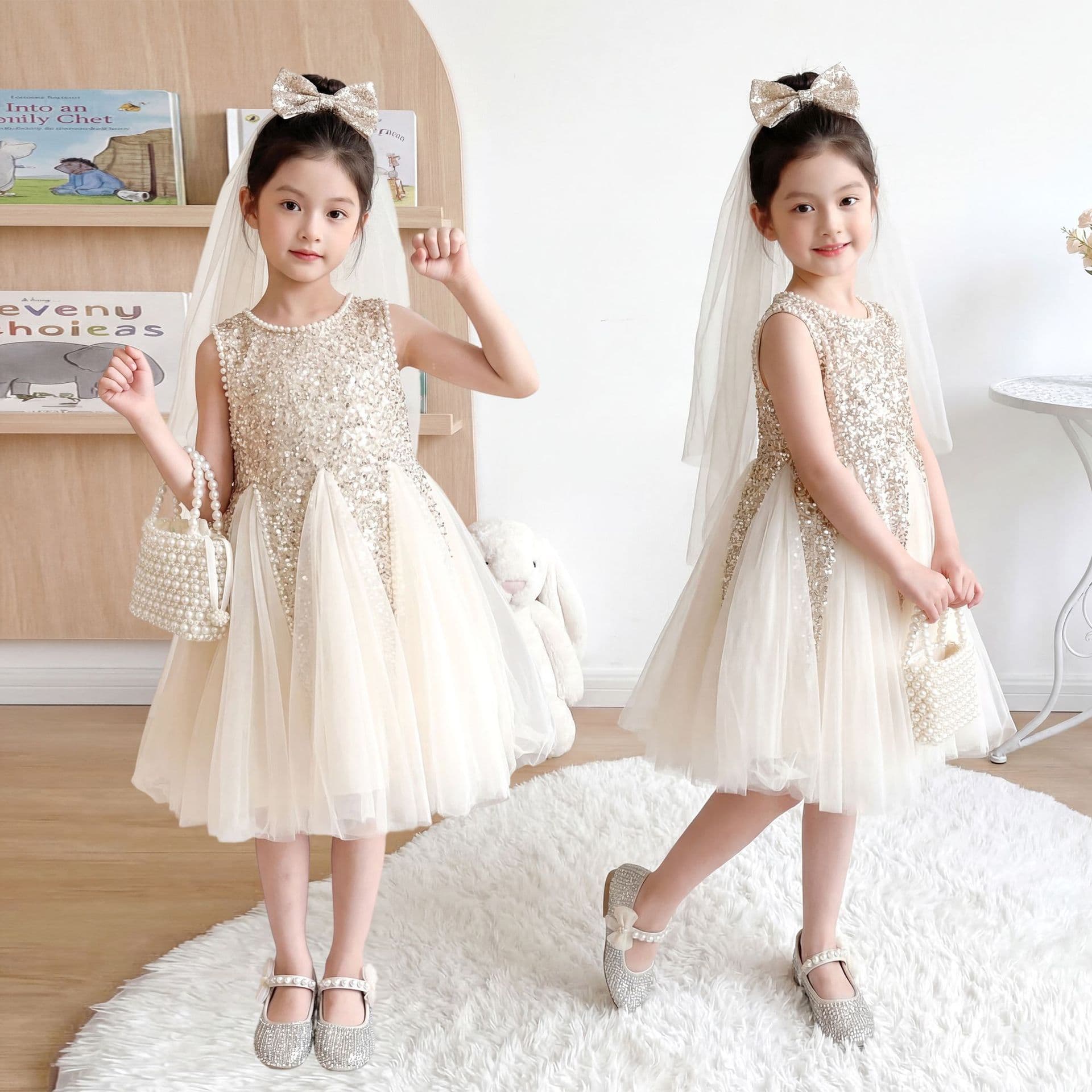 Girls Champagne Sequin Tulle Princess Dress Summer New Birthday Party Dress Puffy Skirt Kids Dress
