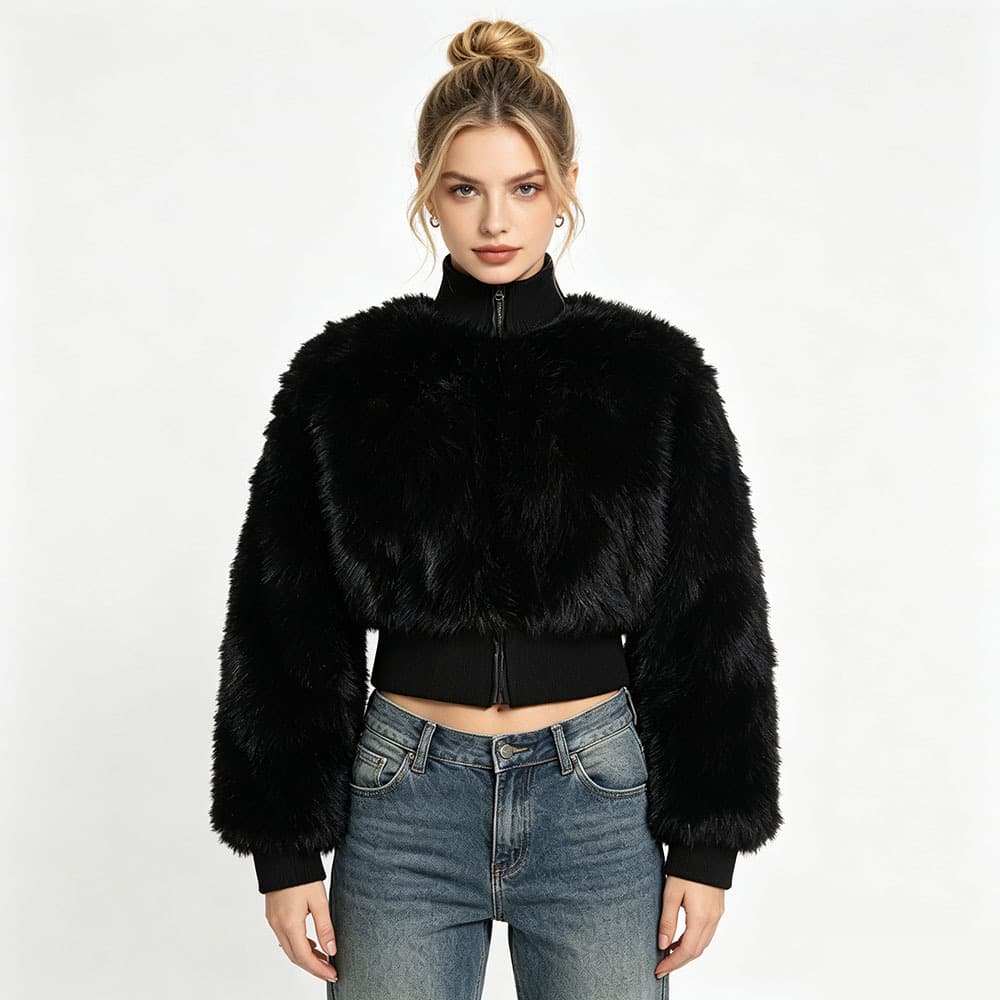 Women's Faux Fur Down Leather Jacket Striped Cross-Border New Piped Round Neck Fashionable Warm Coat Petite