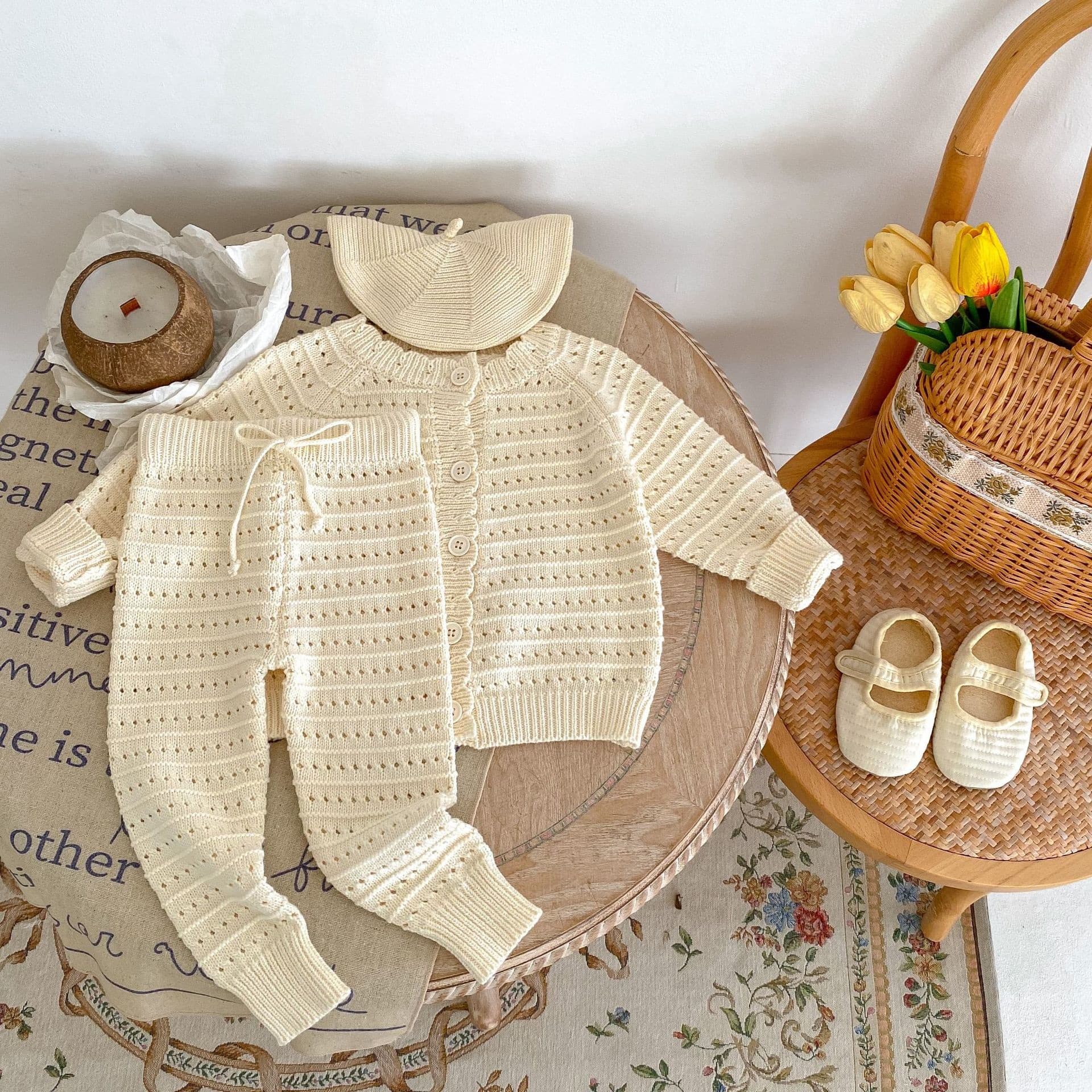 2026 Autumn Newborn Baby Boys Girls Cotton Yarn Hollow-Out Knit Cardigan + Knit Pants 2-Piece Set