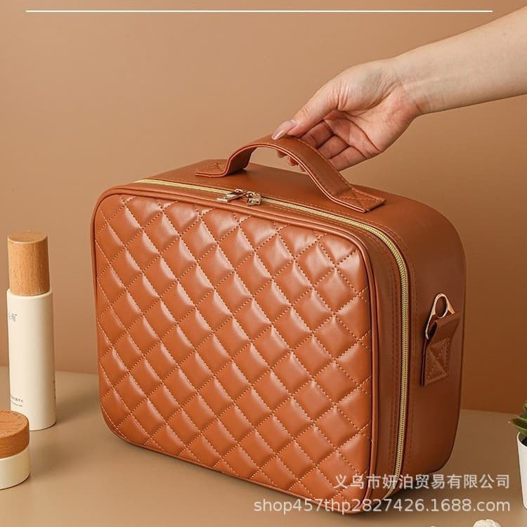 Makeup Bag with LED Light Mirror, Large Capacity, Professional Makeup Artist Use, Removable, Easy to Clean, Diamond Pattern PU Leather Makeup Case