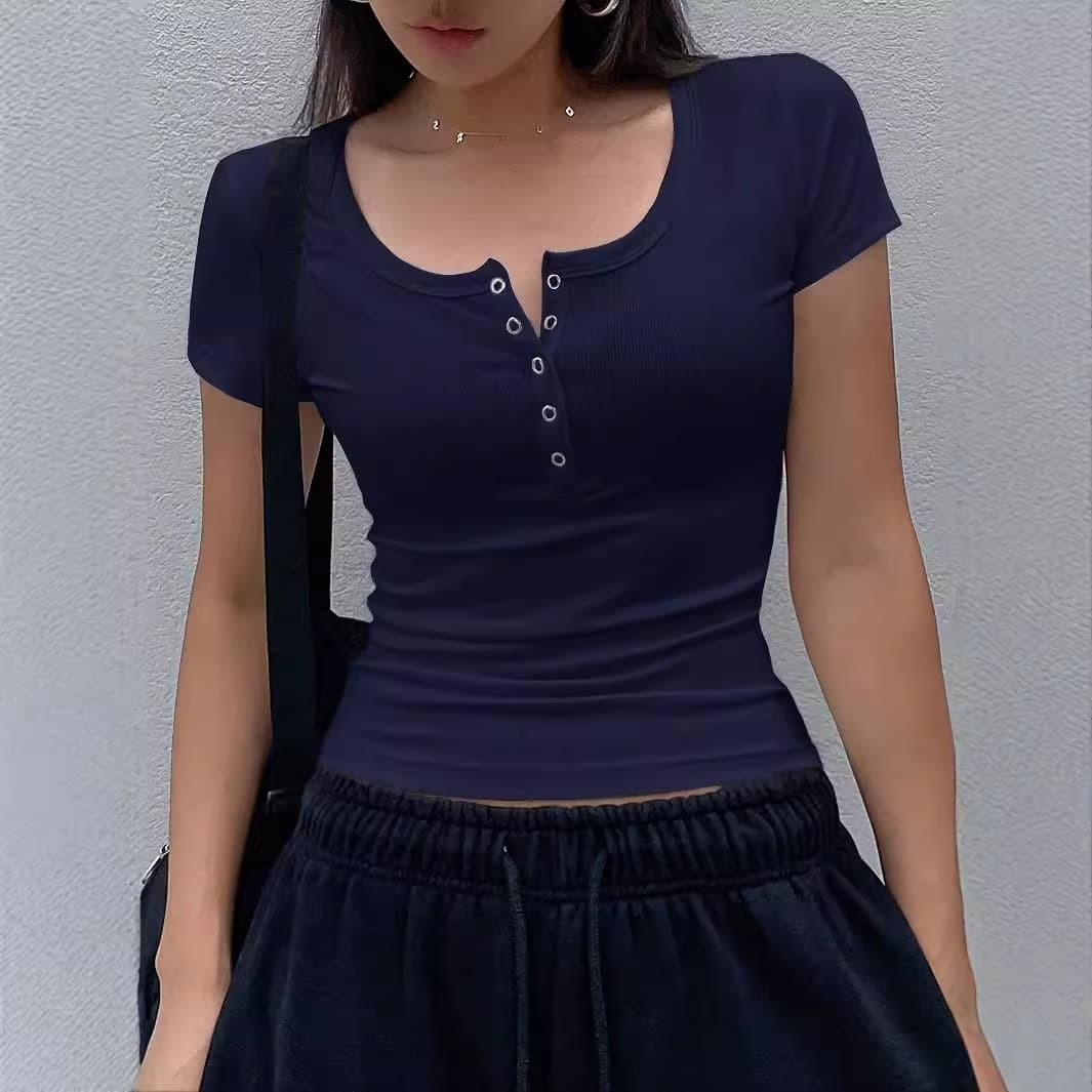 New European and American Women's Solid Short Sleeve Top Ribbed Knit Half-Placket Button T-Shirt Casual Versatile