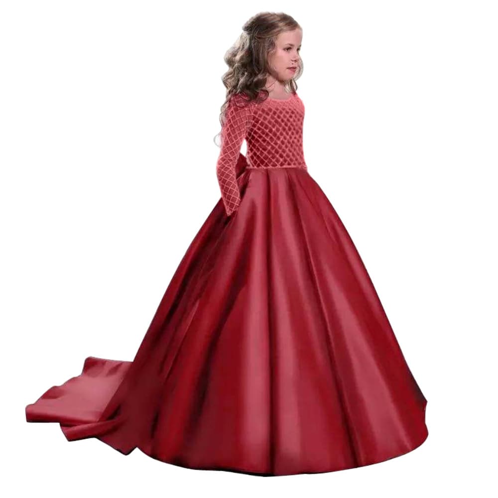 Clearance Sale Long Satin Flower Girl Dress with Train for Big and Middle Kids, Long Sleeve Princess Dress for All Seasons