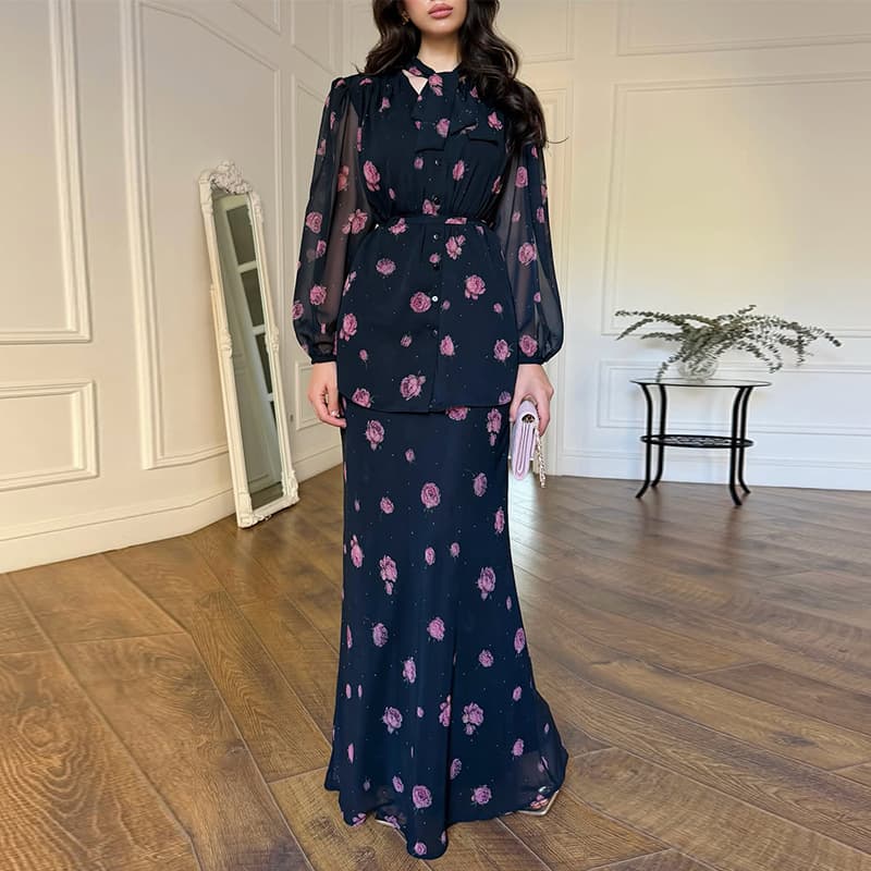 2026 New Fall Floral Black Loose Elegant Women's Long Dress Two-Piece Set for Cross-Border E-Commerce Amazon Europe/USA