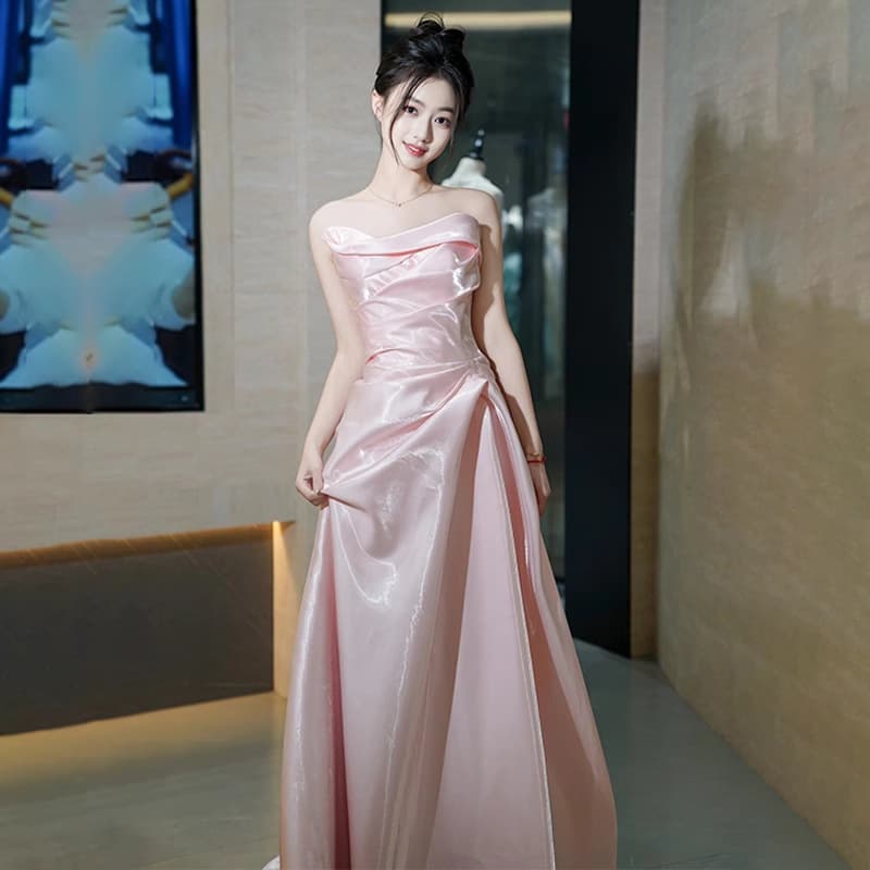 French Satin Strapless Evening Gown 2026 New Pink Birthday Banquet Bride Toast Dress Wedding Morning Robe