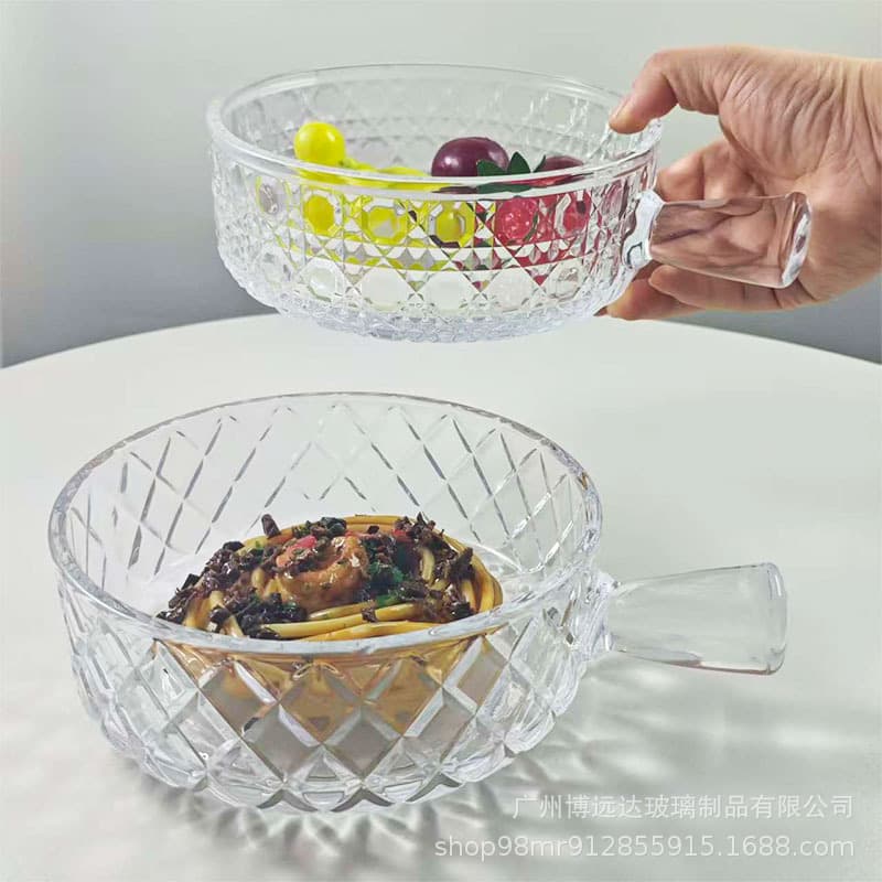 Glass Salad Bowl, Trendy Milk Cereal Bowl, Dessert Bowl with Handle, Salad Plate, Restaurant and Home-Use Fruit Snack Bowl