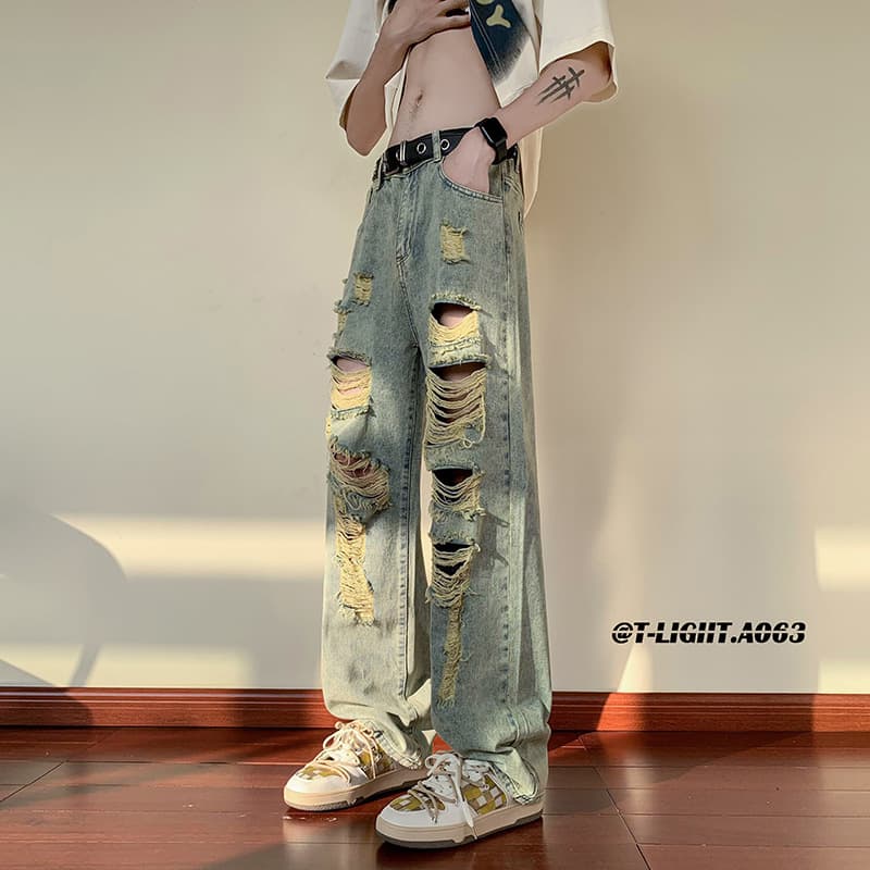 Distressed Denim Jeans for Men Summer Thin Style American Hip-Hop Washed Vintage Pants High Street Streetwear Brand Plus Size Straight Leg