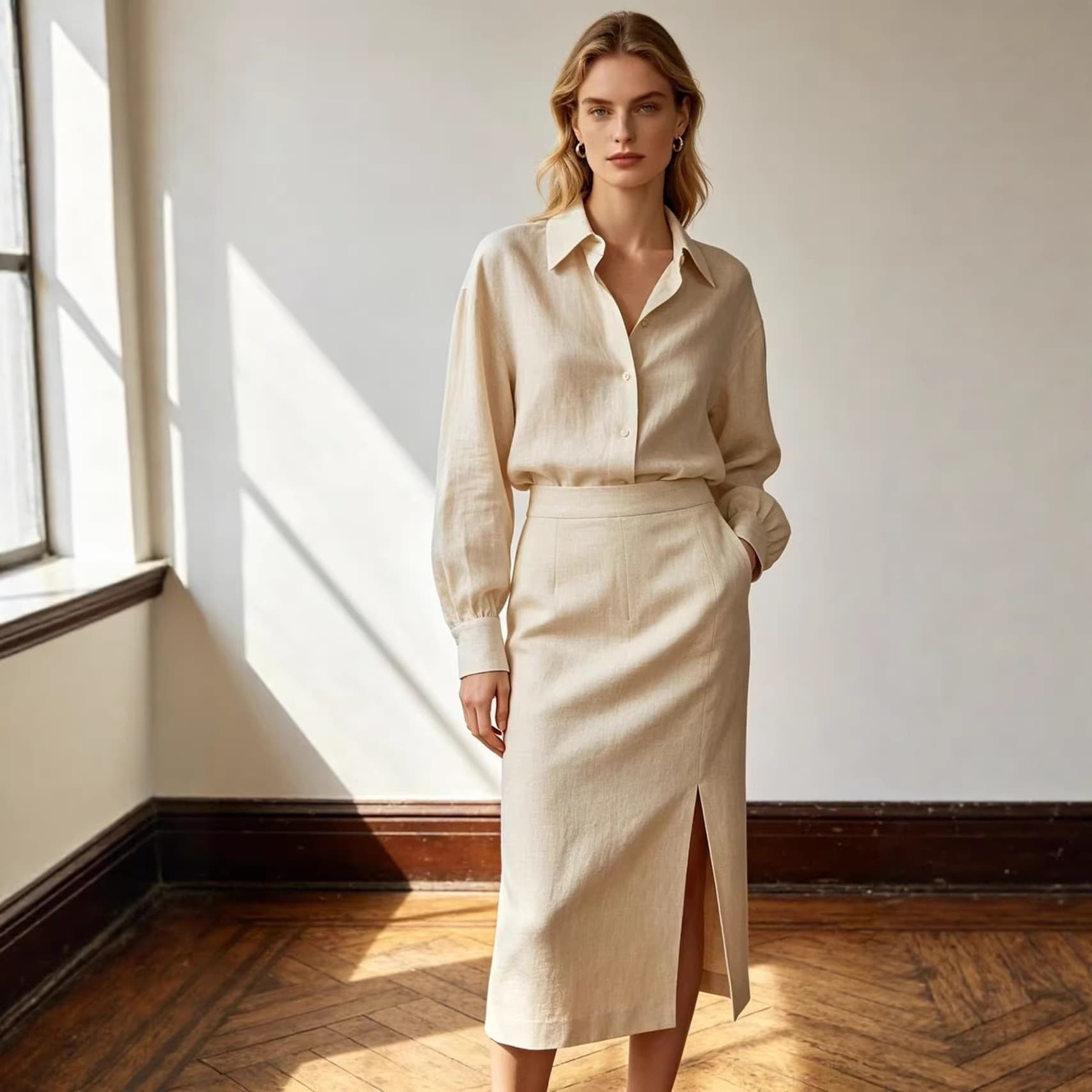 2026 spring and summer European and American old money style linen suit for women, loose shirt + front slit skirt two-piece set, commuting