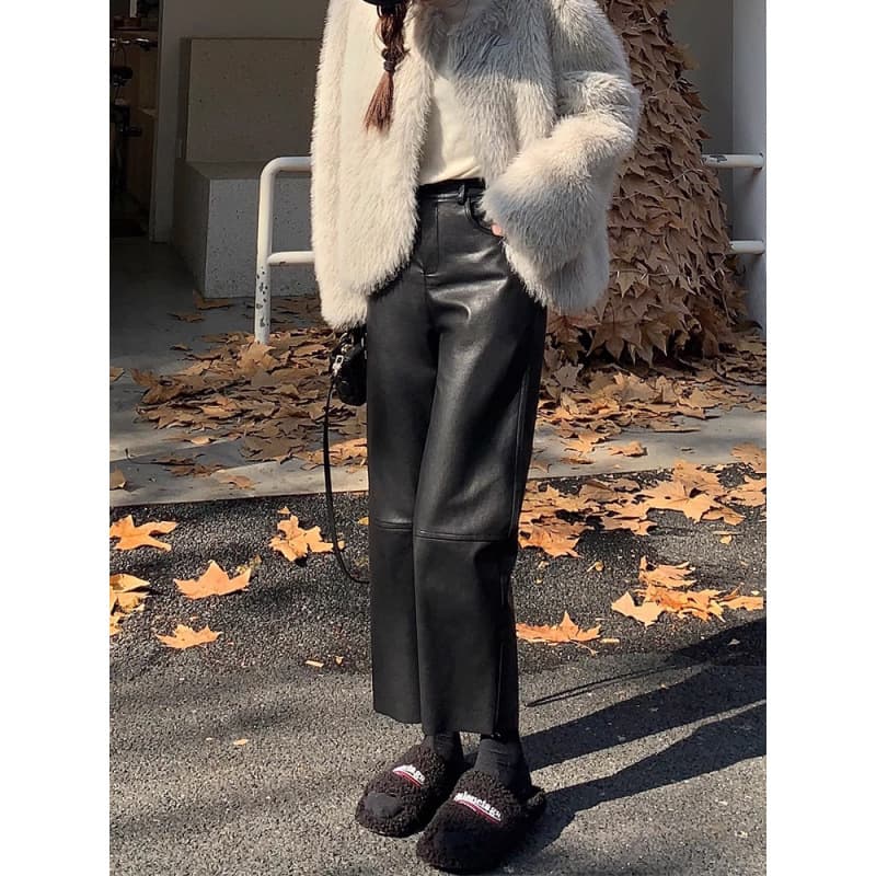PU Leather 9/10 Length Straight-Leg Pants for Women 2026 Autumn/Winter New High-Waist Loose Slimming Cropped Casual Trousers Trendy