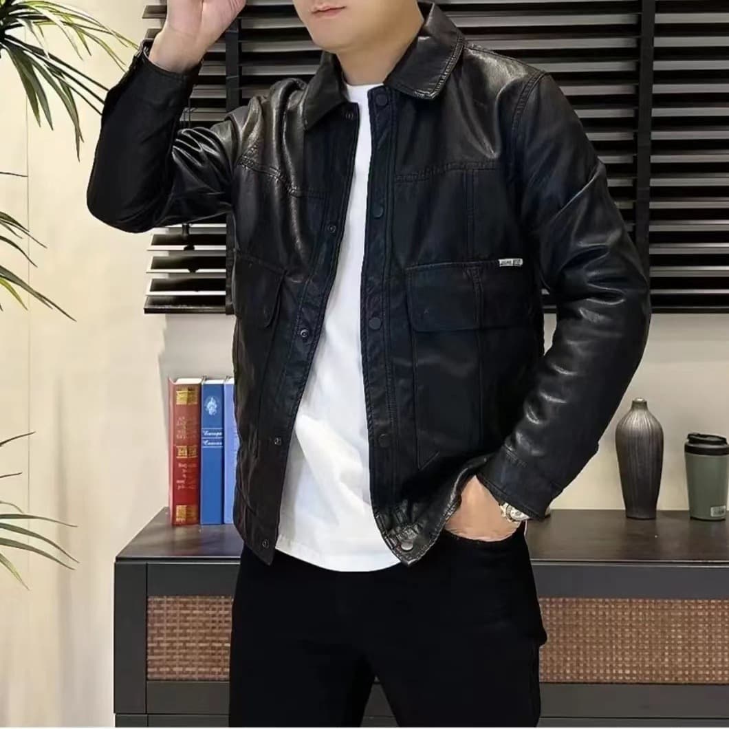 New Autumn Men's Versatile Casual Soft Leather Motorcycle Jacket Trendy Simple Turn-down Collar Leather Jacket