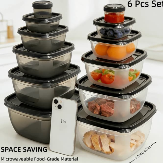 Cross-Border Supply Food-Grade Plastic Stackable 6-Piece Airtight Container Set, Leak-Proof with Lids for Refrigerator Storage