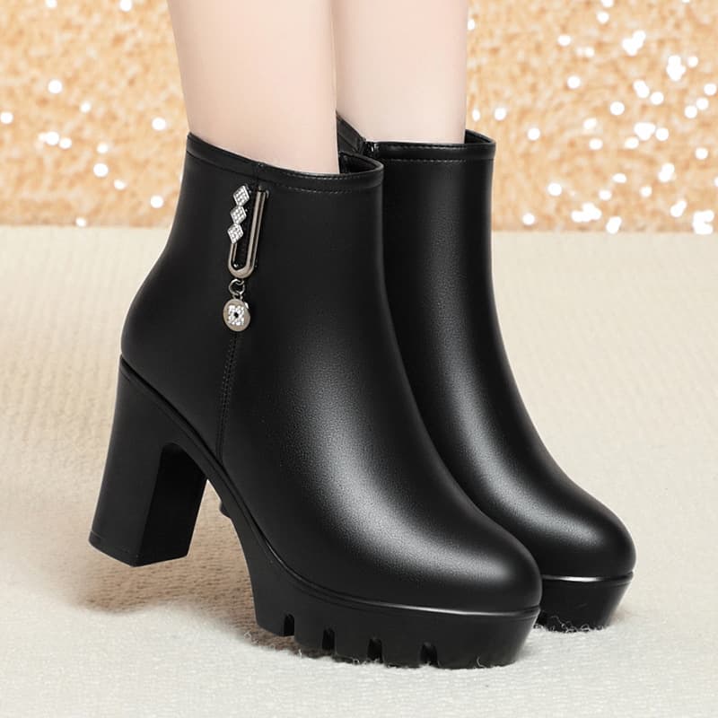 Drop Shipping High Heel Women's Shoes Middle-aged Mother Cotton Shoes Short Boots Women's Fur-lined Leather Shoes Thick Sole Autumn Winter Short Ankle Boots