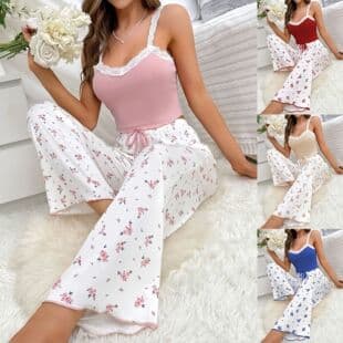 Cross-Border Sexy Floral Print Pajama Set for Women Summer Thin Camisole Shorts Long Pants Cute Loungewear Three-Piece Set