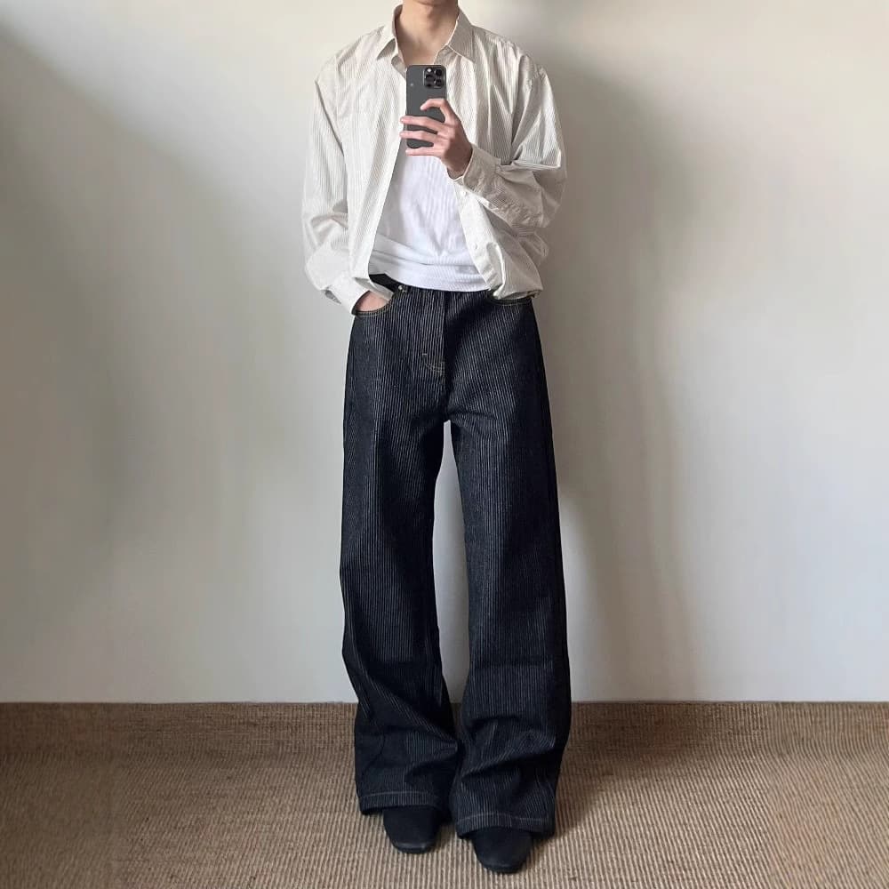 Premium Black Dark Blue Stripe Raw Denim Washed A-Line Jeans Straight Flared Wide Leg Long Pants Trendy