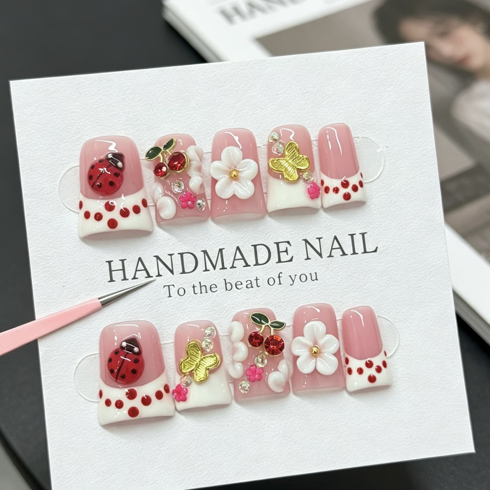Duckbill Butterfly Cherry French Cross-border Hot-selling Wearable Nails Short Duckbill Manicure Nail Tips Wholesale Fake Nails Nail Stickers