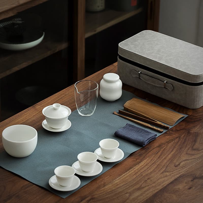 Portable Travel Tea Set in Carry Case, White Porcelain Outdoor Car Brewing Kit for Easy Tea Ceremony on the Go