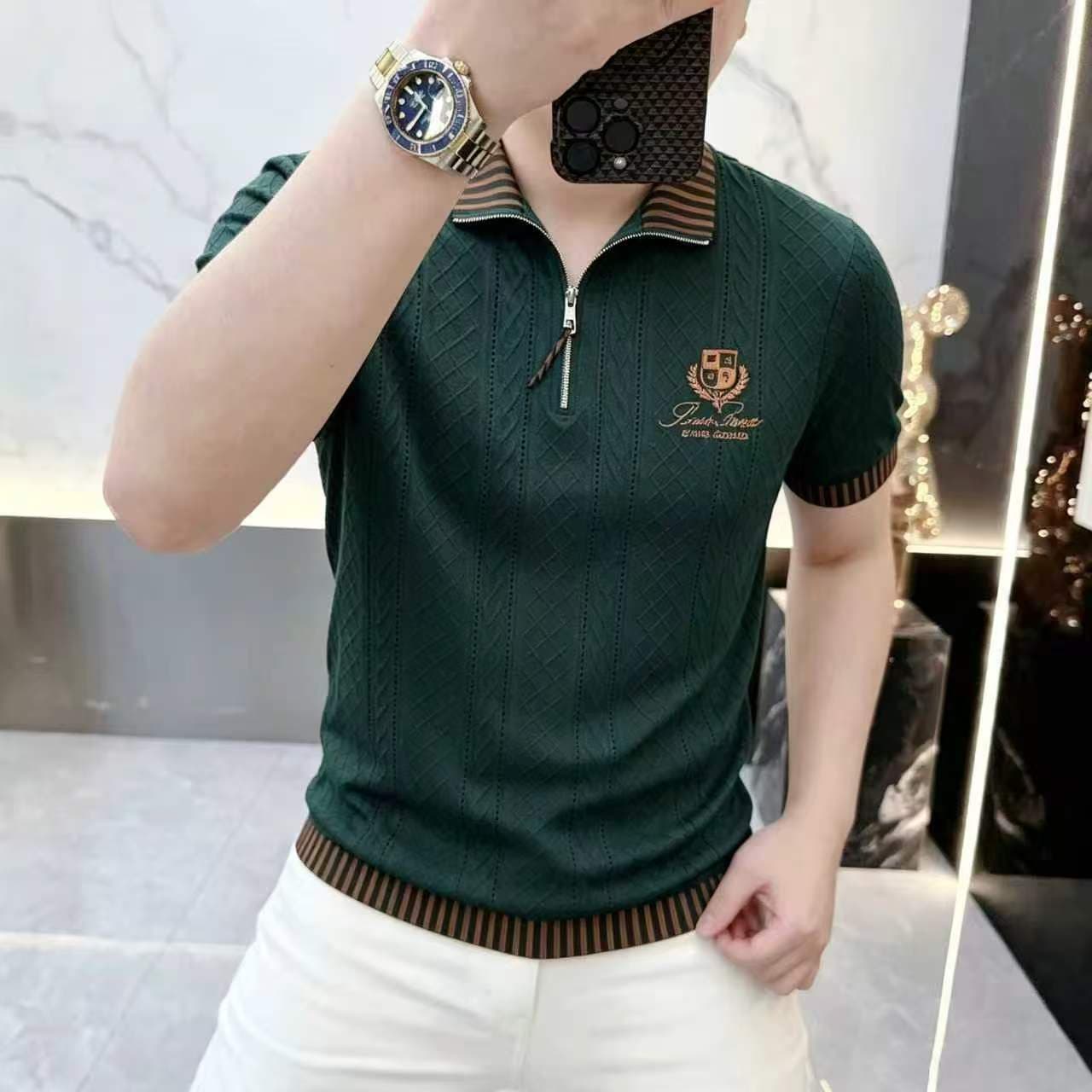 2026 Summer New Men's Light Luxury Knitted Polo Shirt Turn-down Collar Short Sleeve Fashion Old Money Style Casual Top