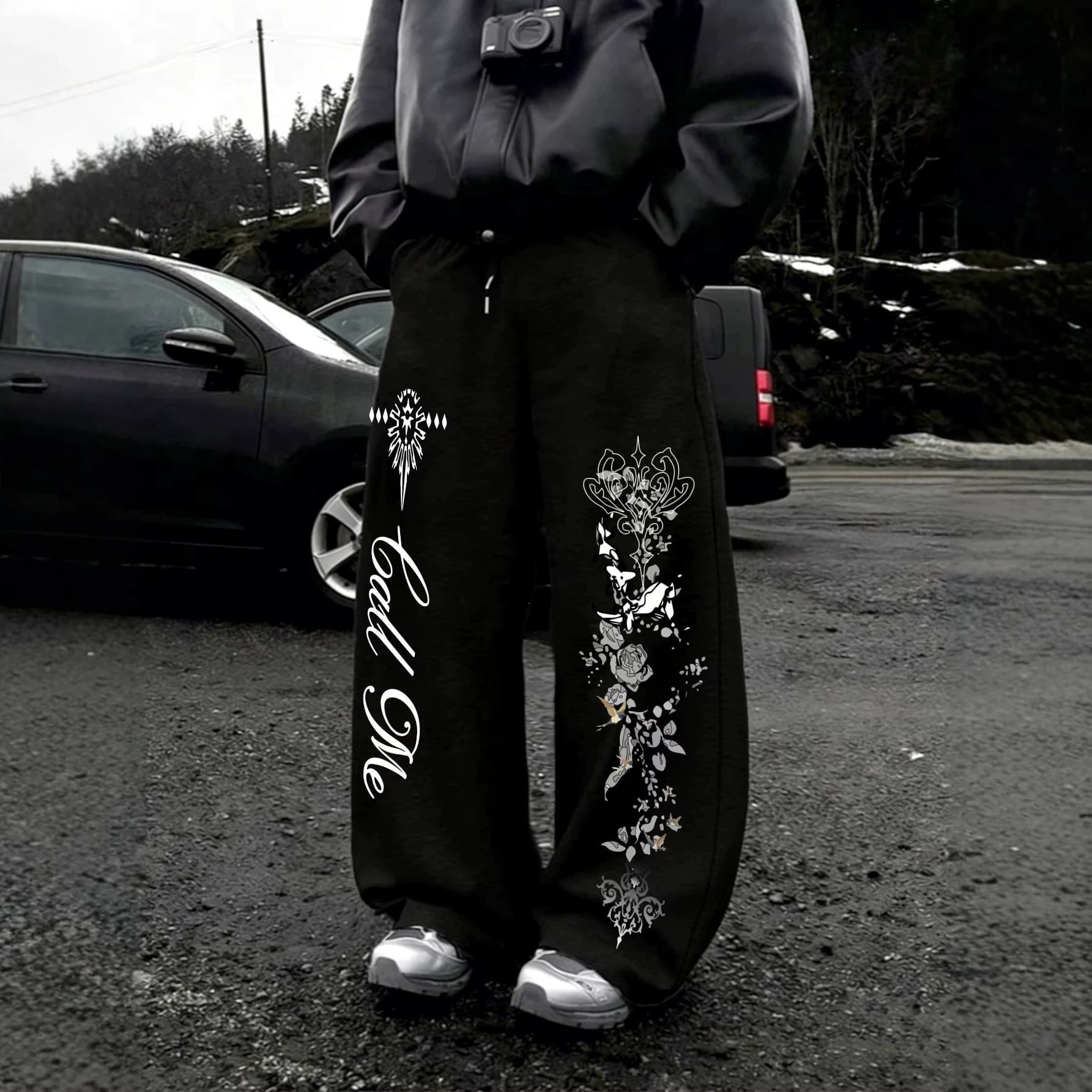 Spring and Autumn New Y2K Dark Gothic Skull Print Loose Slim Men's and Women's Lace-Up Sports Pants Wide-Leg Sweatpants