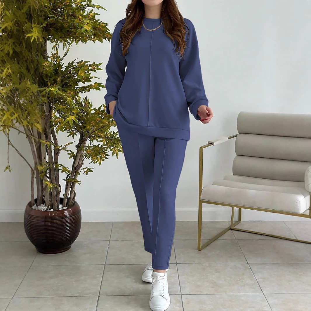 European and American Spring Autumn Women's Amazon Hot Selling Fashion Casual Solid Color Round Neck Long Sleeve Top with Long Pants Two Piece Set