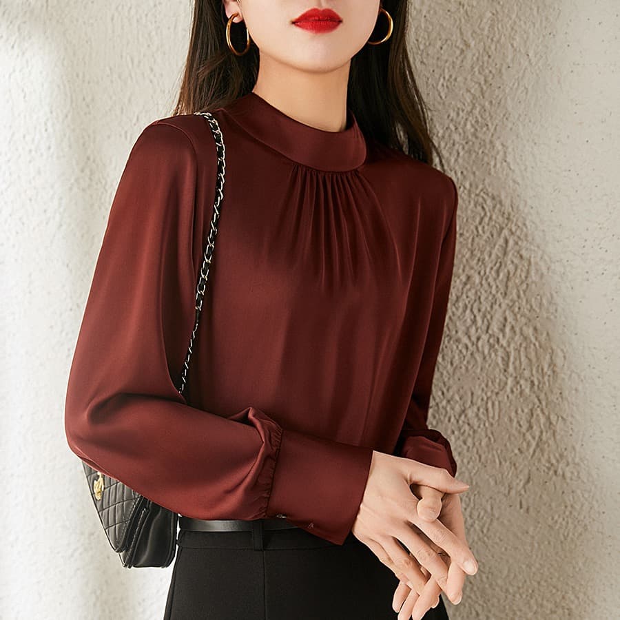 French-style Draped Comfortable Acetate Linen Texture Blouse, Annual Gala Dress, Gentle Vintage Satin Ribbon Shirt for Women