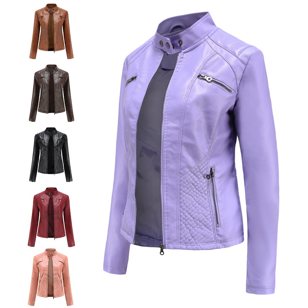 2023 New Women's Casual Leather Jacket Stand Collar Slimming European and American Style Smooths Your Silhouette Solid Color Leather