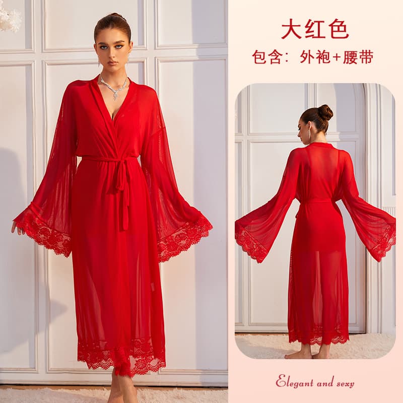 Wire Bra Cup Bodycon Lace Nightgown Flared Sleeve Mesh Long Robe Two-Piece Set Multicolor 1228+8162