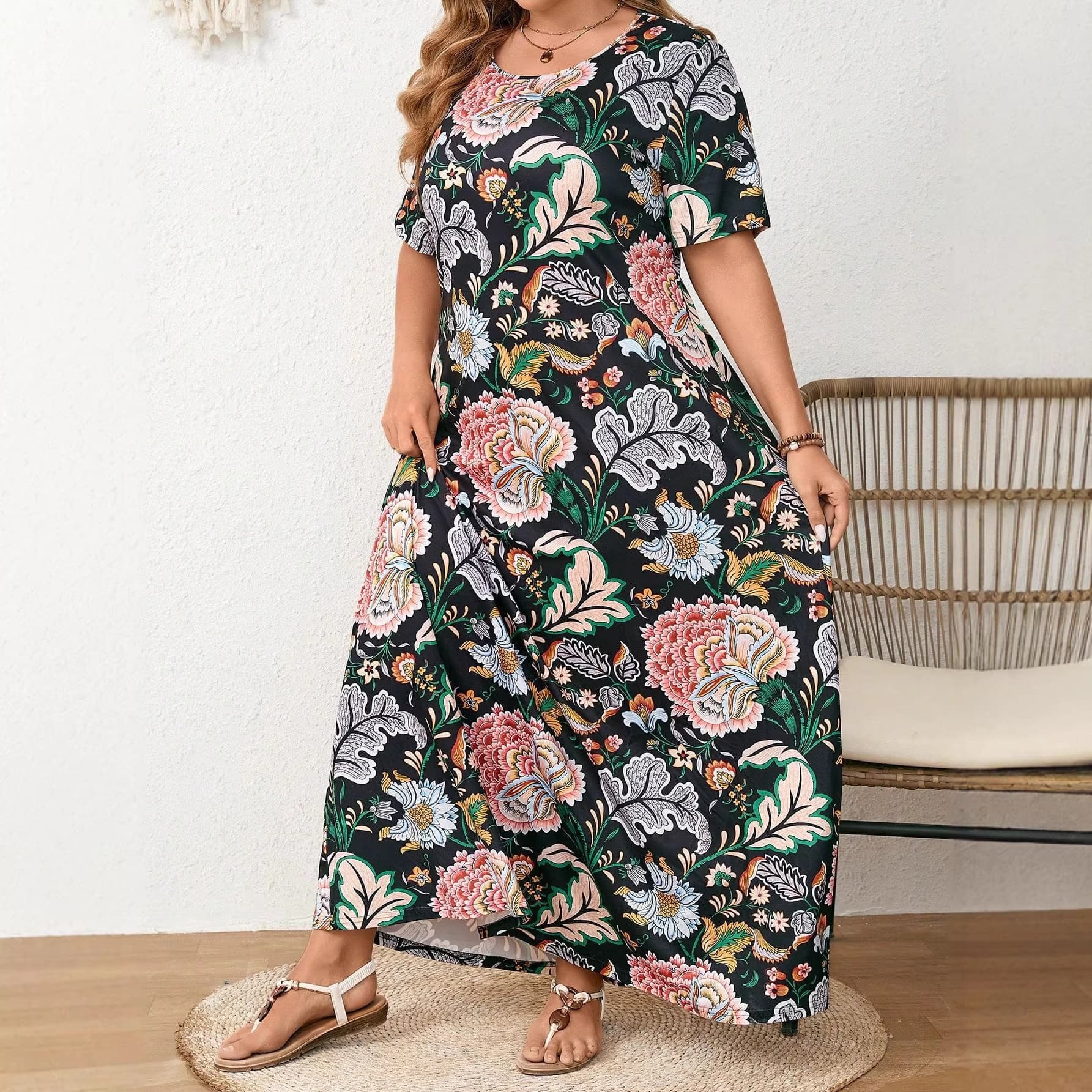 Cross-Border Daily Casual Abaya Black Background Retro Floral Print Plus Size Long Dress Round Neck Short Sleeve Loose Fit