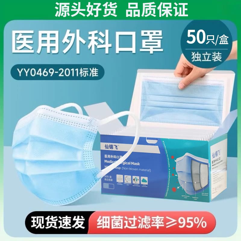Medical Surgical Mask Disposable Medical Grade Individually Wrapped Non-Tight Ear Loop Box of 50 Three-Layer Protection Blue and White Mask