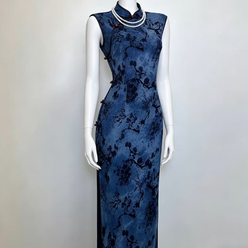 Blue cheongsam retro style printed disc button dress women summer large size waist slit long skirt foreign trade wholesale