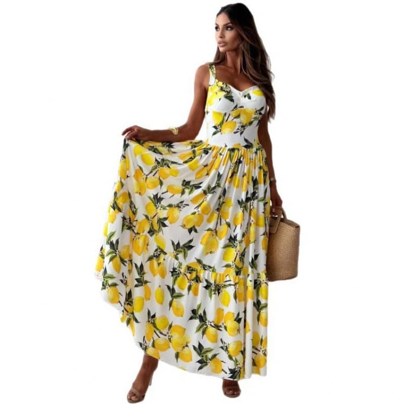 Summer New Cross-Border Source AliExpress European and American Women's Printed Waist-Cinching Spaghetti Strap Dress with Flared Skirt