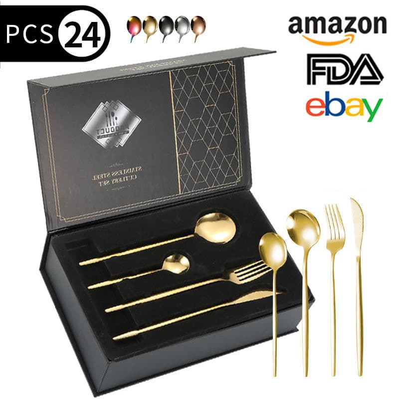 Cross-Border Stainless Steel Cutlery, Portugal 24-Piece Set, Western Steak Knife Fork Spoon, Gift Box Set, Western Tableware