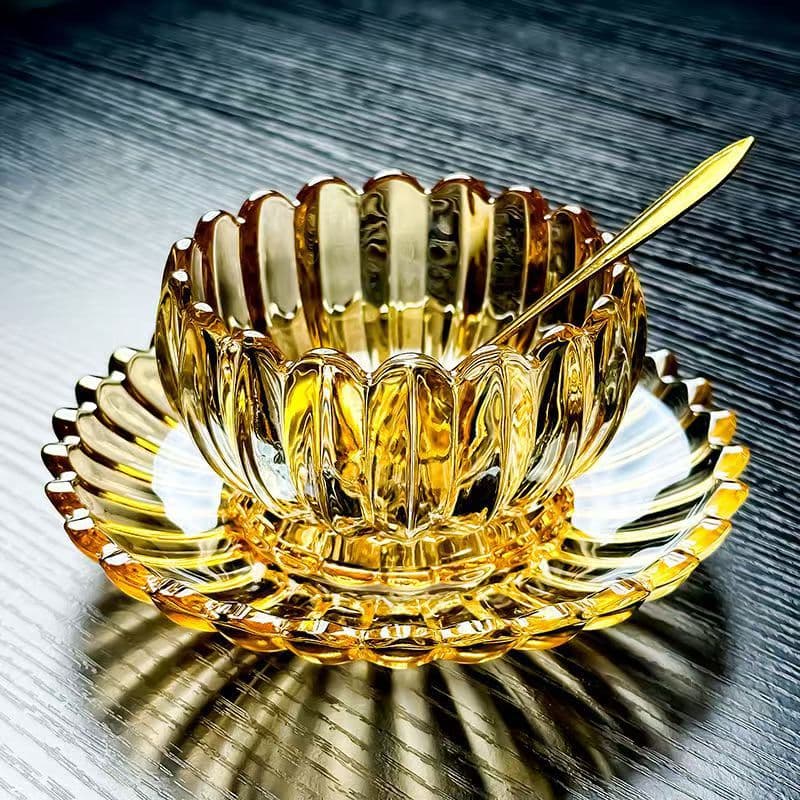 New Embossed Lotus Bowl and Plate Set, High-End Home Breakfast Cup, Glass Oatmeal Bowl, Dessert Bowl
