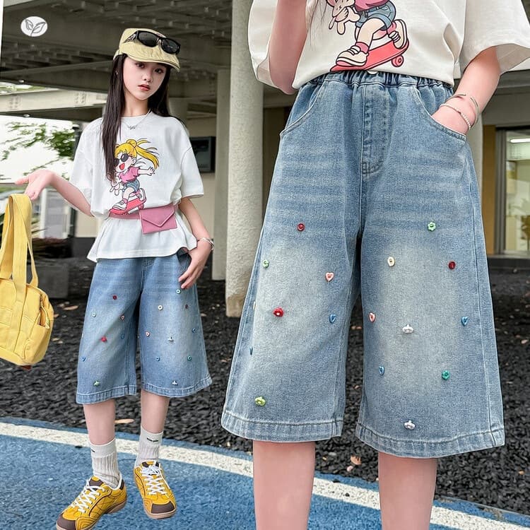 Girls 2026 summer new Korean style colorful button denim mid-pants girls going out loose wide-leg pants student hot pants