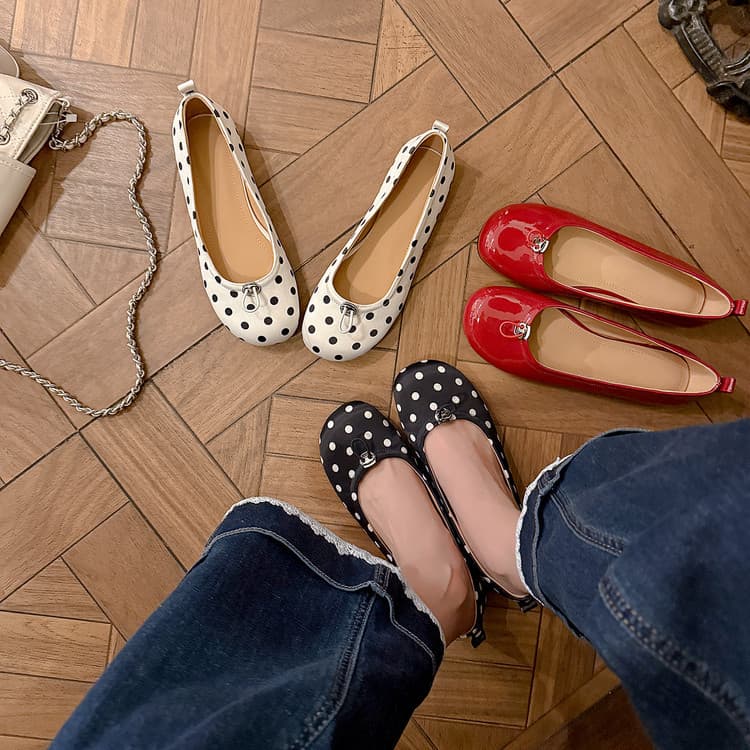 Polka Dot Low-Cut Flats for Women, Spring New Arrival, Fabric Upper Genuine Leather Comfortable Flat Shoes, Women's Low-Cut Shoes