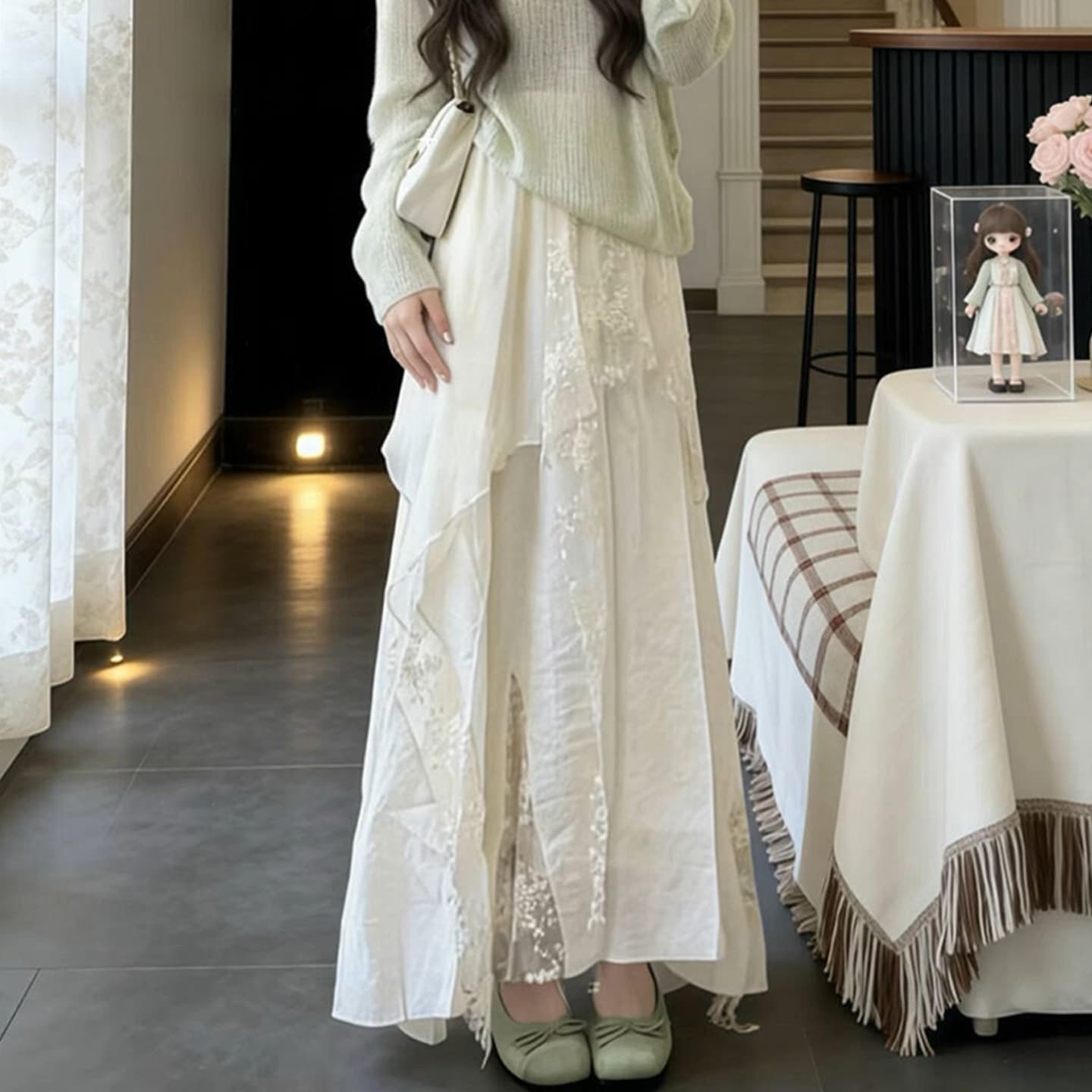 White Mesh Lace Patchwork Long Skirt for Women Summer 2026 New High Waist Slimming Loose Casual A-Line Skirt