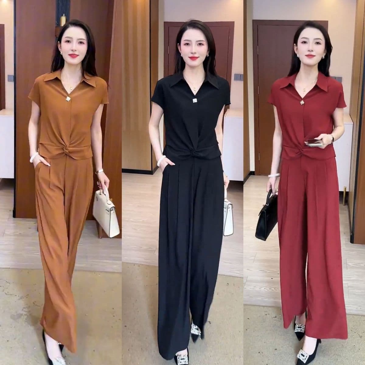 Fashion Casual Set for Women, Summer Plus Size New Turn-Down Collar Short Sleeve Shirt and Wide-Leg Pants, Elegant Little Chanel Style Two-Piece Set