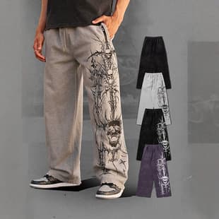 YOUNGLA New American Style Sweatpants for Gym, Bodybuilding, Running Training Cotton Terry Print Wide Leg Pants