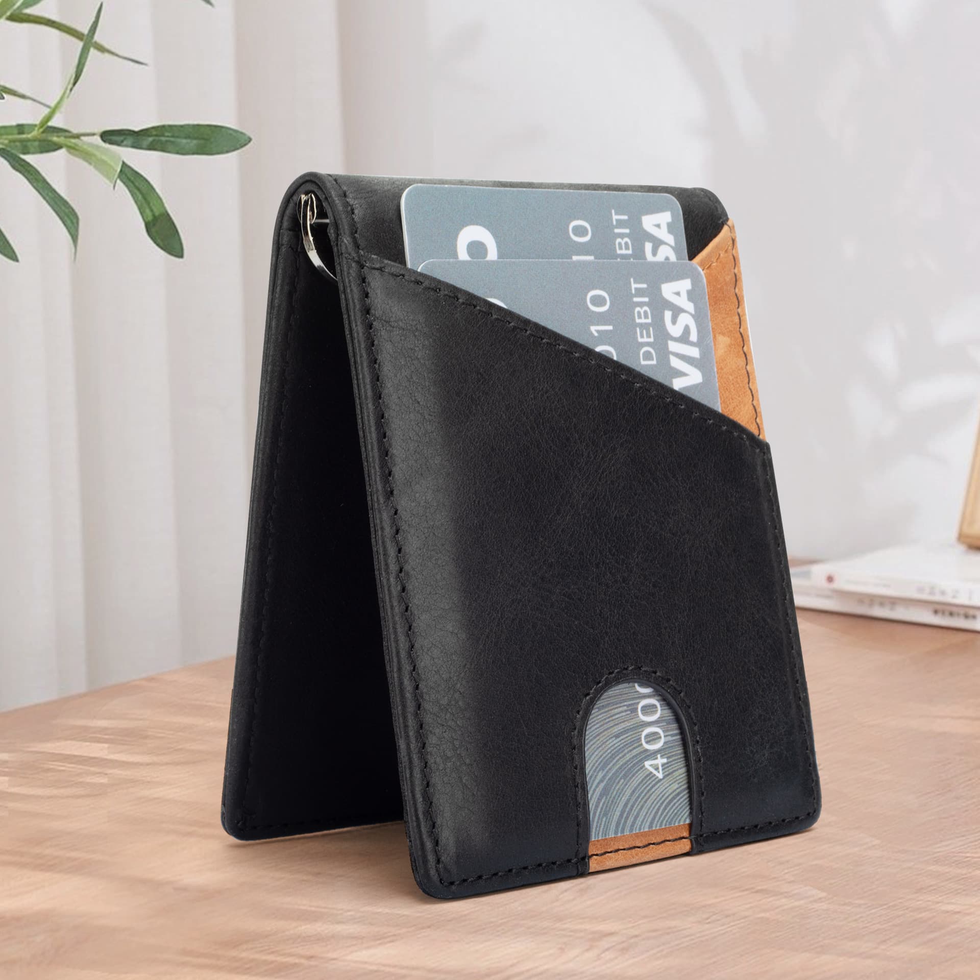 Cross-Border Color Matching Bi-Fold Multi-Card Slot Wallet Men's Rfid Anti-Theft Dollar Clip Ultra-Thin Genuine Leather Business Wallet