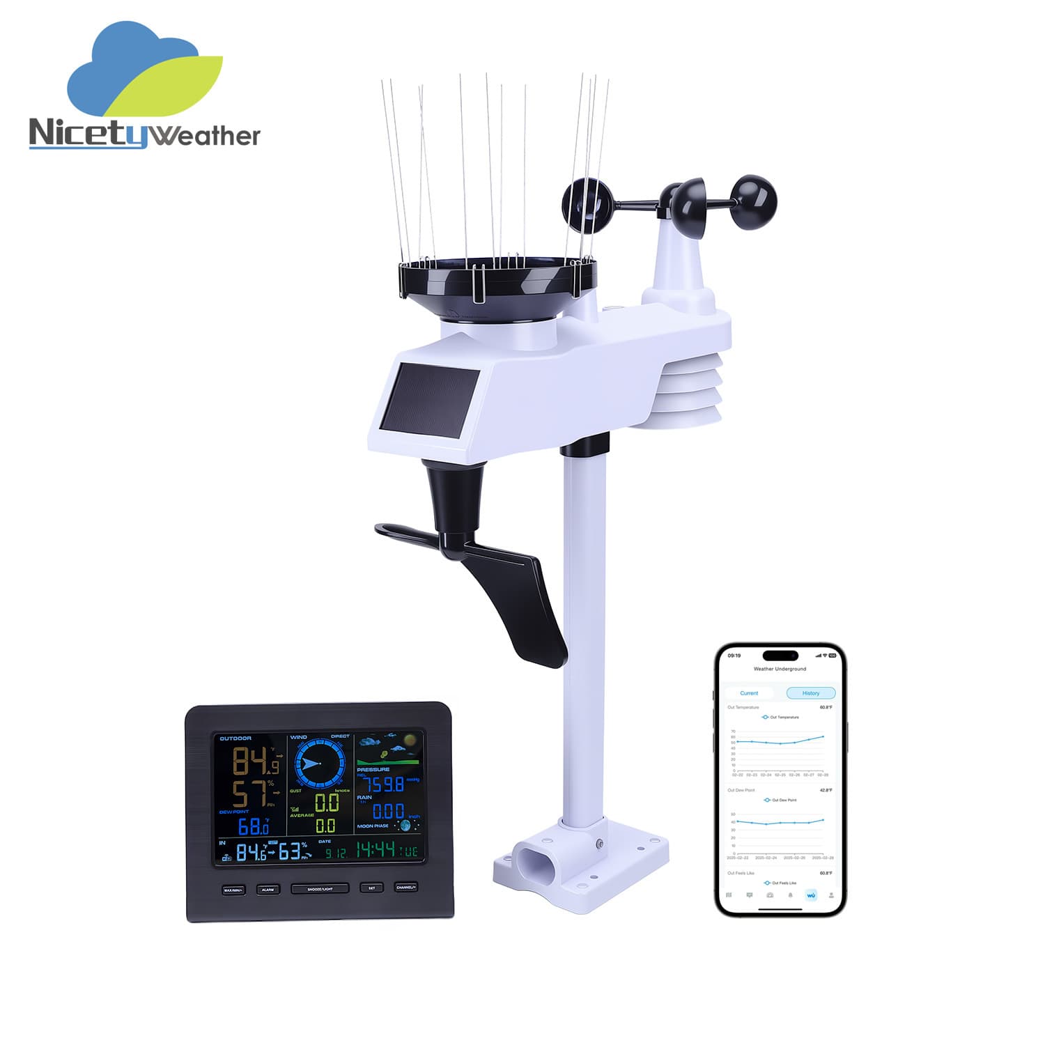 Wireless weather station with WiFi, home-use temperature, humidity, wind speed, and rainfall monitoring and weather forecasting equipment.