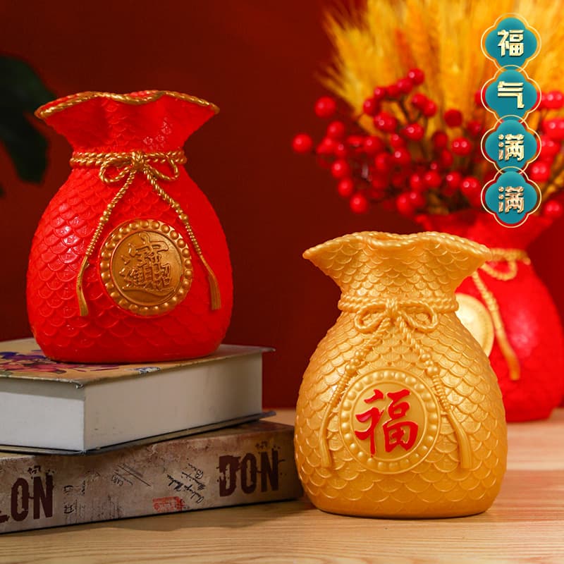 Lucky Bag Vase Money Pouch with Wheat and Red Berries, Plastic Vase Craft for Living Room, Entryway, Wine Cabinet Decoration