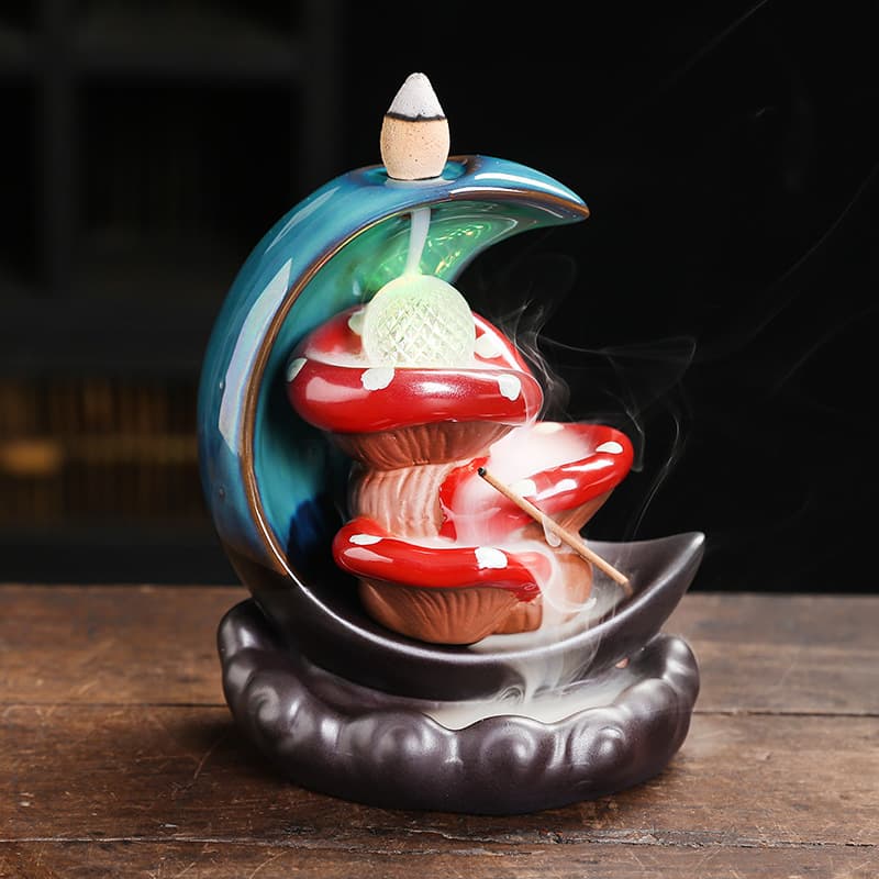 Cross-border ceramic crafts incense burner creative moon kiln glaze mushroom LED light backflow incense burner home decoration