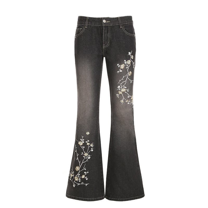 European and American Retro 3D Print Faux Denim Women's Straight Slimming Slightly Flared Pants European and American Style New Retro Fashion