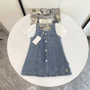 2025 Summer New Girls Dress Korean Style Solid Color Denim Jumpsuit Denim Skirt Patchwork Children's Dress Trendy