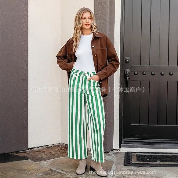 Cross-border Amazon Hot Style American Retro Casual Loose Striped Wide Leg Jeans Foreign Trade Wholesale