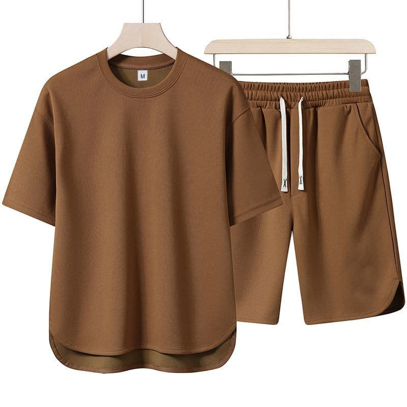 New Cross-Border Trend Men's Casual Set Solid Color Short Sleeve T-Shirt Summer Korean Style Half Sleeve Top Tee Set