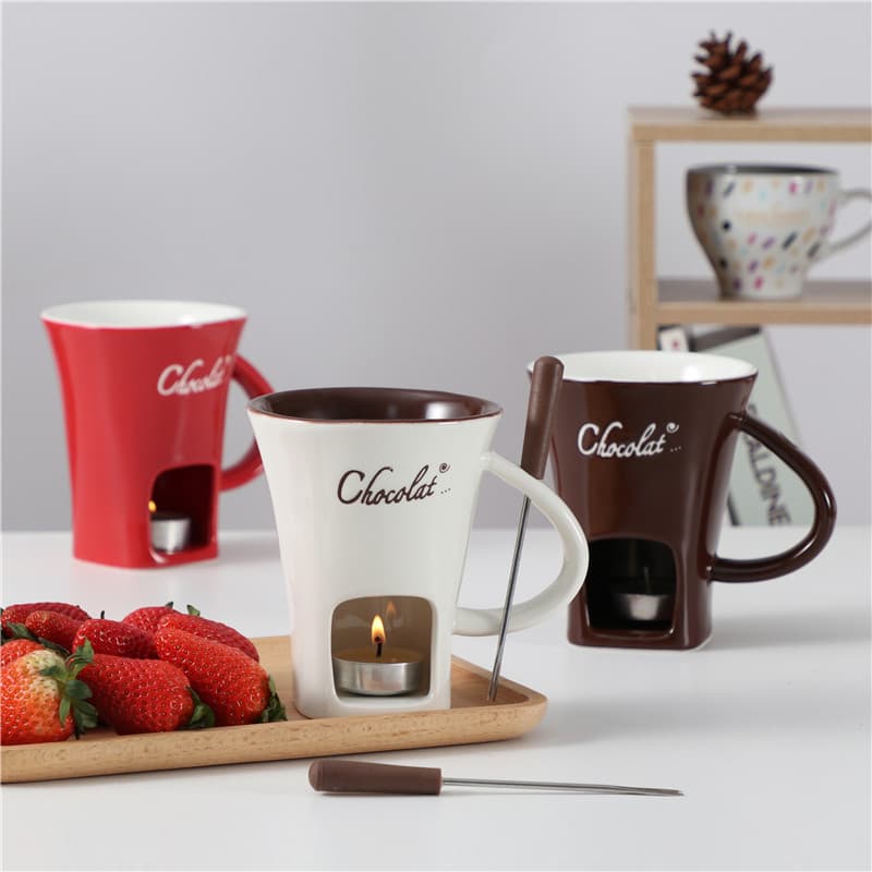 Chocolate Fondue Cup with Forks Ceramic Melting Pot for Honey Heating Cheese Dessert Ice Cream Fondue Cup