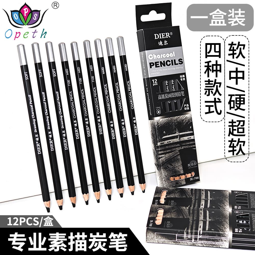 Cross-border Sketch Charcoal Pencil 12-Piece Set Soft Medium Hard Charcoal Art Sketch Charcoal Pencil Professional Drawing Charcoal Pencil